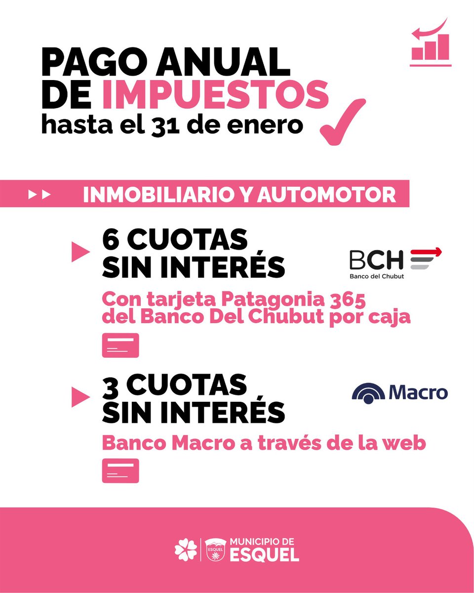 ⏰ Última semana para acceder al pago anual del Impuesto Inmobiliario y Automotor.

Tenés tiempo hasta el 31 de enero.

✔️ 3 cuotas sin interés con Banco Macro (MacroClick – web municipal)
✔️ 6 cuotas sin interés con Tarjeta Patagonia 365 del Banco del Chubut, en cajas