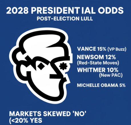 22Bepositive's tweet photo. Quiet week for 2028 chatter keeps prediction markets skewed “No” (<20% Yes)
Vance bumps to 15% on VP buzz, Newsom to 12% after red-state moves, Whitmer 10% via new PAC
Michelle Obama stays capped at 5%
Post election lull, odds mostly stable

@Polymarket @zscdao https://t.co/pDlKycWYkK