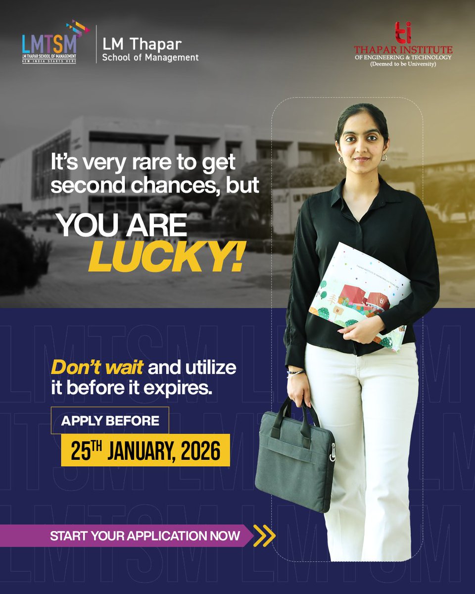 If you missed the earlier MBA deadline, this is your moment to act.

Offered Specializations:
Business Analytics &amp; Information Systems | Marketing | Finance | HR | Operations

Apply at
mba.thapar.edu/application-fo…      
 
#LMTSM #MBAAdmissions2026 #LastChanceToApply #FutureReady