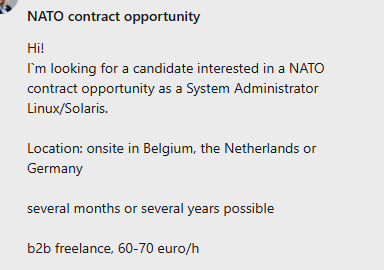 На <a href="/LinkedIn/">LinkedIn</a> предложили работу, на NATO.
Жаль что я русский, а то бы я с радостью.