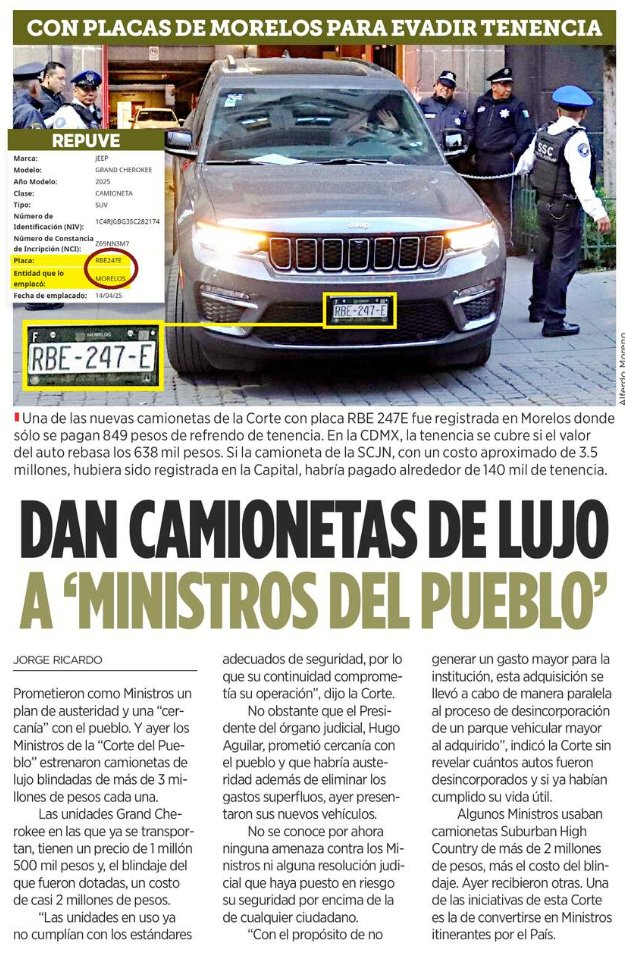 Es el colmo: Ni siquiera con placas de Ciudad de México. Placas de Morelos para no pagar la tenencia completa.

Los Ministros del Pueblo y sus camionetones de lujo.

Son ustedes una oda a la congruencia <a href="/LeniaBatres/">Lenia Batres</a> <a href="/HugoAguilarOrti/">Hugo Aguilar Ortiz</a> <a href="/YasminEsquivel_/">Yasmín Esquivel Mossa</a> <a href="/lorettaortiza/">Loretta Ortiz Ahlf</a> <a href="/MtraEstelaRios/">Estela Ríos</a>
