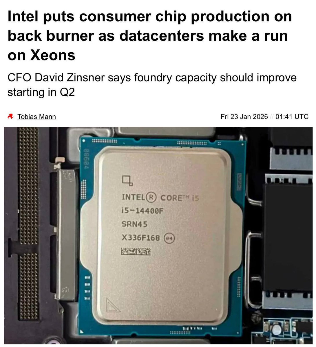 DenysTsvaig's tweet photo. Intel is cutting back production of processors for consumer PCs.
Priority will shift toward Intel Xeon and other processors required for AI data centers.

The company is not abandoning the Core lineup entirely, but shortages and price increases should be expected. https://t.co/IHEIpzJT6O