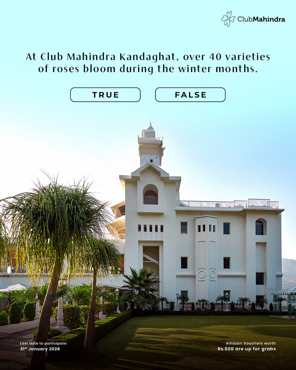 🎊 #ContestAlert | Day 8 #NewBeginnings with #ClubMahindra

Answer today's question &amp; stand a chance to win ₹500 Amazon vouchers! 🎁

How to enter:
- Comment with #NewBeginnings and #ClubMahindra
- Tag <a href="/clubmahindra/">Club Mahindra</a> + 4 friends (mandatory)
- Participate in all 10 posts