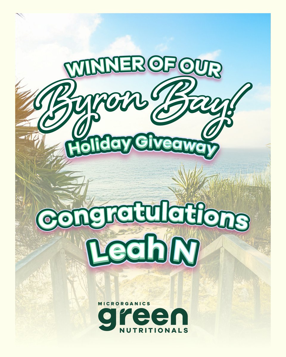 Congratulations to Leah N 
Winner of our Byron Bay Holiday Giveaway!
Leah’s eco-conscious approach to health and living truly reflects the values we hold close at Green Nutritionals, clean, considered and kind to the planet.
Thank you to everyone who entered 
More exciting things