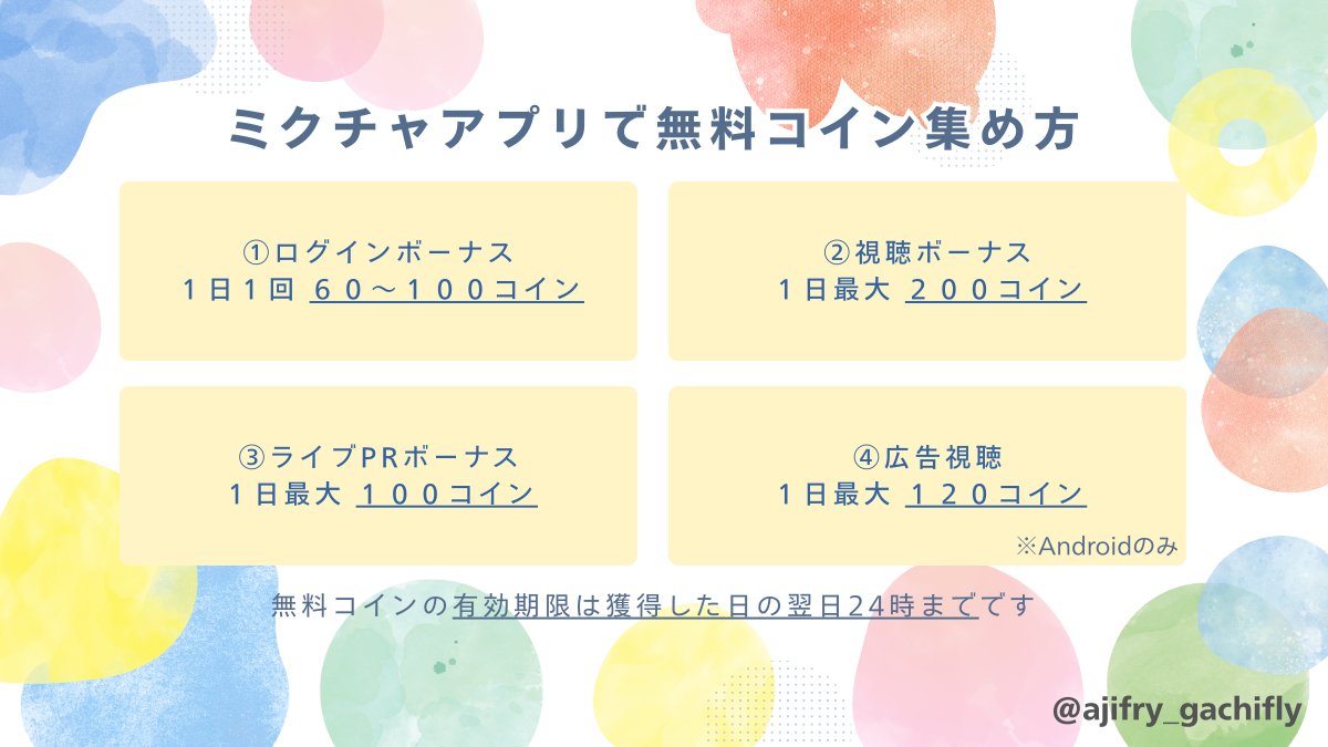 ミクチャアプリで無料コインの集め方🪙1/4 ①ログインボーナス アプリを起動して🪙60～100コイン ②視聴ボーナス 配信を視聴して🪙最大200 コイン ③ライブPRボーナス 配信をXにシェアして🪙最大100コイン ④広告視聴(Androidのみ) 広告を視聴して🪙最大120コイン ...