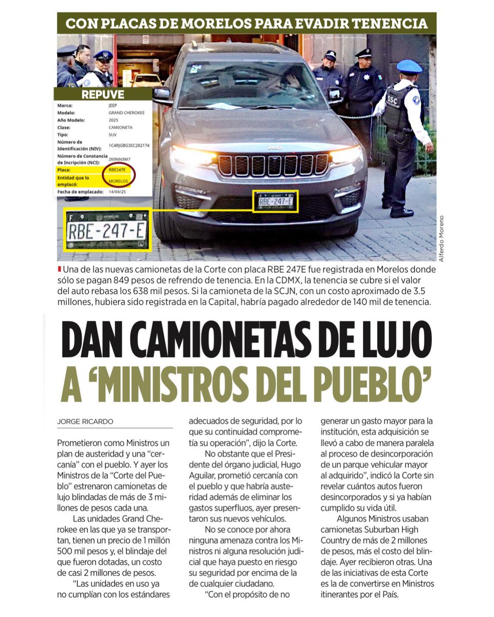 Las “machuchonas” que odiaba López Obrador no son cosa del pasado: ya son emblema del obradorismo.

Ministros “del pueblo” estrenando camionetas de lujo, blindadas porque hay mucha inseguridad.

Para rematar, las emplacan en Morelos para evadir la tenencia, como buenos gandallas.