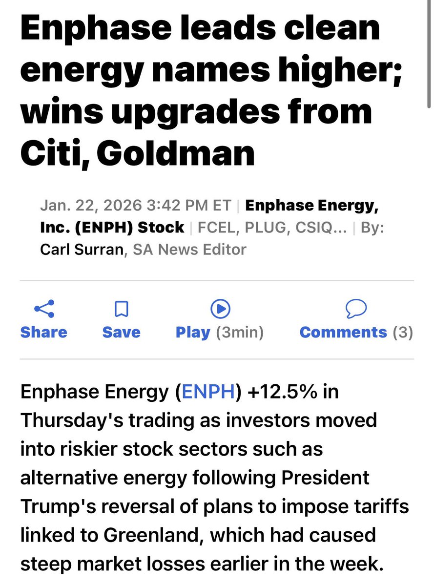 受惠於市場風險偏好回升， $ENPH 大漲12.5%，在川普宣布撤回先前引發市場動盪的格陵蘭相關關稅計畫後，投資者重新湧入替代能源等高風險板塊。  其餘潔淨能源類股亦表現亮眼： $PLUG $RUN $FCEL $ARRY $SHLS $CSIQ $SMR $NNE $NXT $SEDG  $EOSE $FLNC Citi 將$ENPH 的評級從 ...