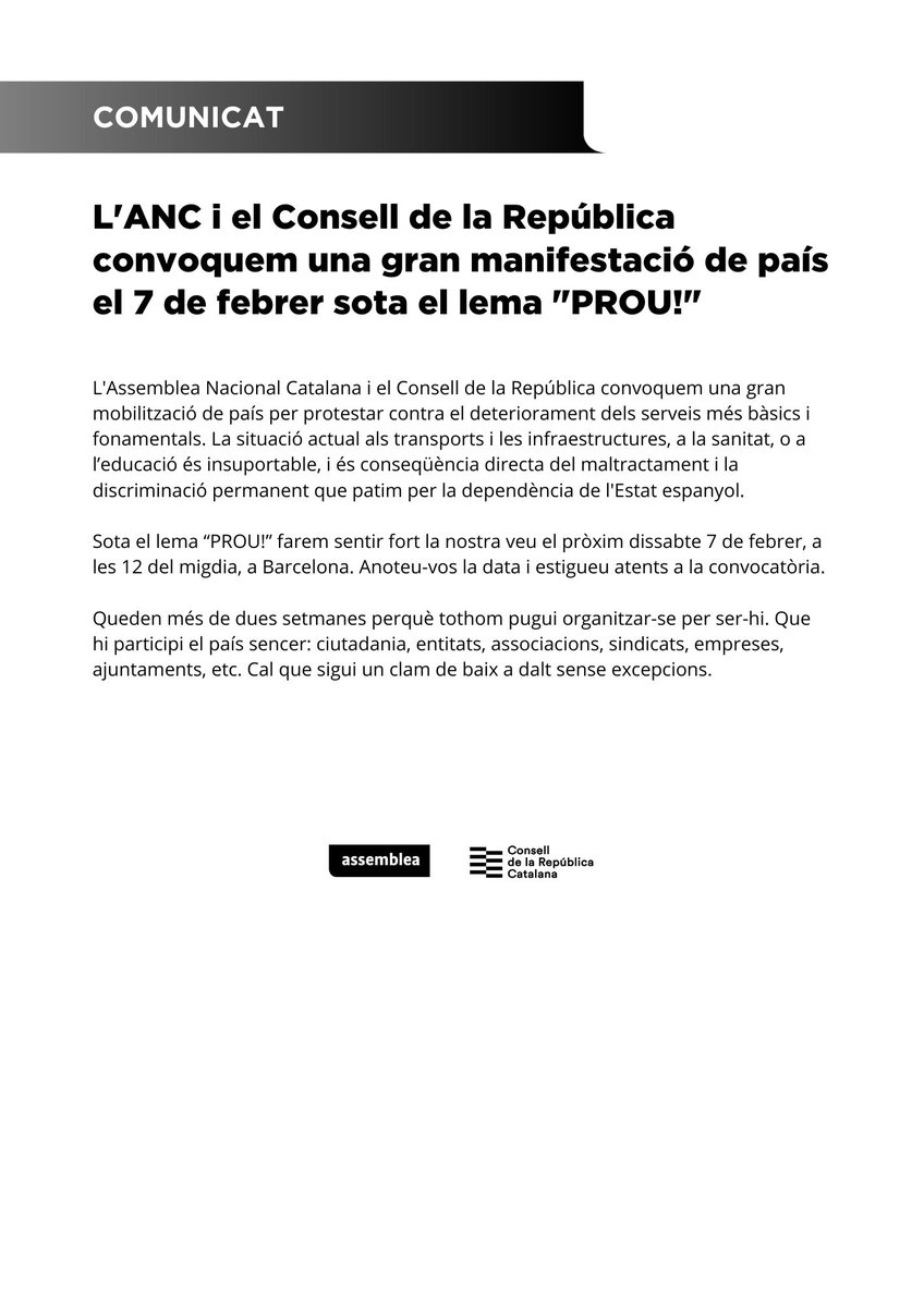 ❌ PROU!

Gran manifestació de país contra el deteriorament dels nostres serveis més bàsics i fonamentals.

Una situació causada per la discriminació permanent que patim per la dependència d'Espanya.

Convoquem @Assemblea i <a href="/ConsellRep/">Consell de la República Catalana</a>.

📆Dissabte 7 de febrer 
🕛12h
📍Barcelona