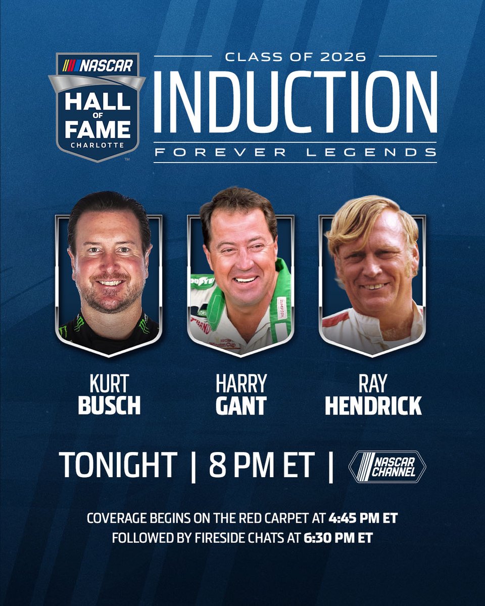 NASCAR's tweet image. Tonight's the night. 

Join us live exclusively on the NASCAR Channel as we induct three legends into the #NASCARHOF.