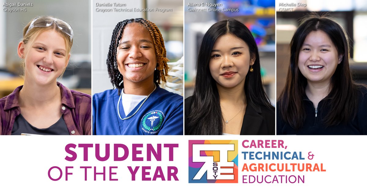 GwinnettSchools's tweet photo. We're celebrating a @GCPSCTE student of the year at each high school! Today, we honor Abigail Daniels of Grayson HS, Danielle Tatum from Grayson Tech, Allena S. Nguyen from GOC, and Michelle Diep from GSMST.
#ExploreYourFuture here: https://t.co/i4GWSVFTbZ
#CTAEDelivers https://t.co/1bBfOBqIon