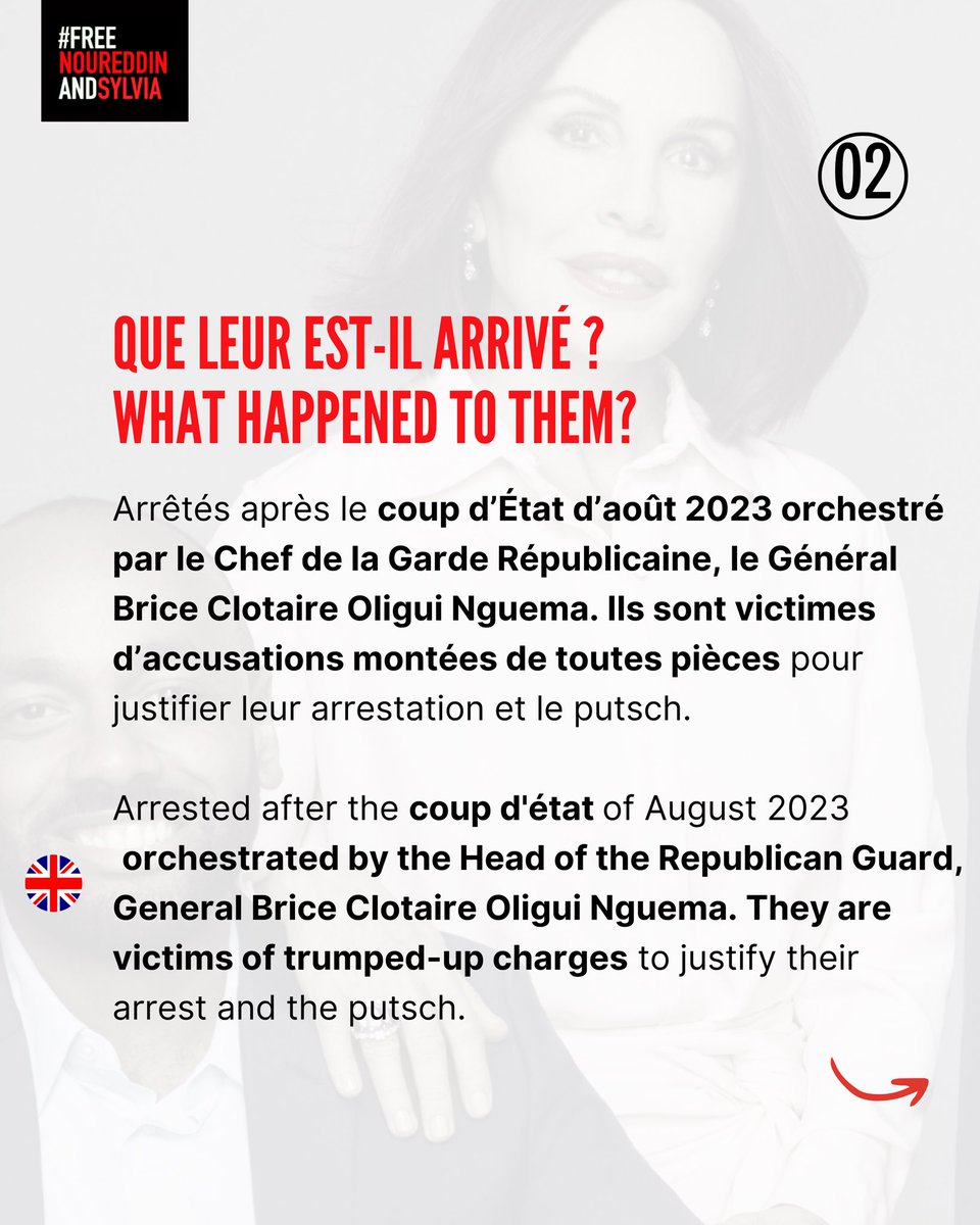 freenourandsyl's tweet photo. 🇬🇧 version below 👇🏻
1/3
⬇️
Pendant 625 jours, @noureddinbv et @sylviabongo ont été séquestrés illégalement, torturés, spoliés et réduits au silence. Depuis leur libération en mai 2025, ils racontent leur histoire : les violences subies, les injustices, mais aussi leur force, leur résilience et leur combat pour la vérité et la liberté.
👉 Swipe up pour découvrir chaque étape : coup d’État, détention, tortures, spoliation, libération, prises de parole, vidéos en caméra cachée, « procès » actions à venir… On résume tout ! 📢

🇬🇧
For 625 days, @noureddinbv  and @sylviabongo were illegally detained, tortured, dispossessed, and silenced. Since their release in May 2025, they have been telling their story: the violence they endured, the injustices, but also their strength, resilience, and fight for truth and freedom.
👉 Swipe up to explore every stage: coup d’état, detention, torture, dispossession, release, public statements, hidden camera videos, “trial,” and upcoming actions… we cover it all! 📢