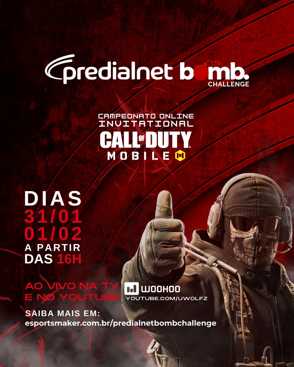 📆Coloquem aí na agenda!
Ao vivo nos dias 31/01 e 01/02 a partir das 16h!

O Predialnet Bomb Challenge, que além de ser uma edição exclusiva da <a href="/Predialnet/">PREDIALNET</a> , tb conta com o <a href="/woohootv/">Canal Woohoo</a> como media partner em mais uma edição!

🎥Na TV no Woohoo e YouTube do <a href="/uWolfz/">Wolfz</a> 
<a href="/WoohooGame/">Woohoo Games</a>