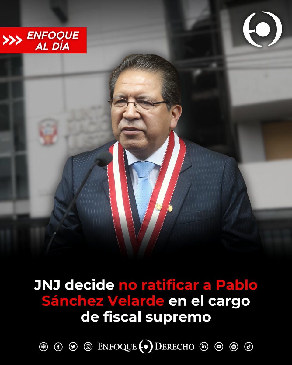 #EnfoqueAlDía 📰

El 22 de enero, la Junta Nacional de Justicia (#JNJ) decidió no #ratificar en el cargo de #FiscalSupremo a #PabloSánchez Velarde. 

Fuentes: El Comercio y La República

¿Qué opinas sobre esta decisión?
¡Déjanos tu comentario! ⬇️