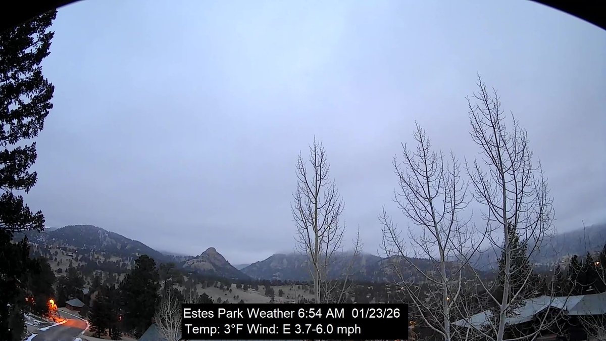 EstesWeather's tweet image. Estes Park, CO weather: overcast | 3F | humidity 80 | wind ENE 3.6 -&amp;gt; 6.0 | Today: 4F/15F Rain 0.00 |  January 23, 2026 at 07:00AM #cowx