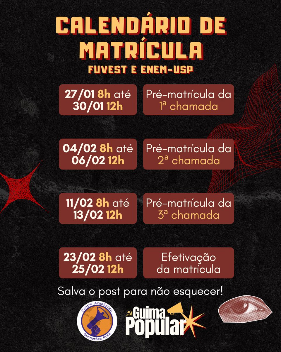 guimariusp's tweet photo. Quer saber mais? Nos segue também na rede da câmera (@/guima.riusp) para ver quem compõe a gestão e mais detalhes. E fica ligado pra saber como você também pode! Mas antes, salva o cronograma de matrícula pra você não se esquecer de nada. https://t.co/IUtYQq7KHD