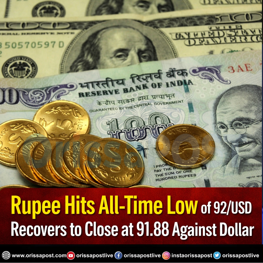 Rupee hits an all-time low of 92/USD, recovers slightly to close at 91.88  as foreign fund outflows, weak equities, rising crude prices and higher US  treasury yields weigh on sentiment in global