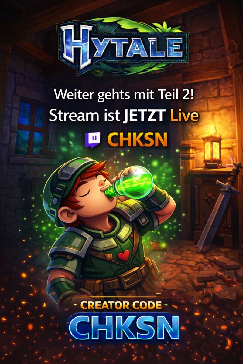 Teil 2 des Streams Heute. Natürlich spielen wir wieder <a href="/Hytale/">Hytale</a> :) ja ich bin süchtig nach #hytale 😀 Twitch.tv/chksn