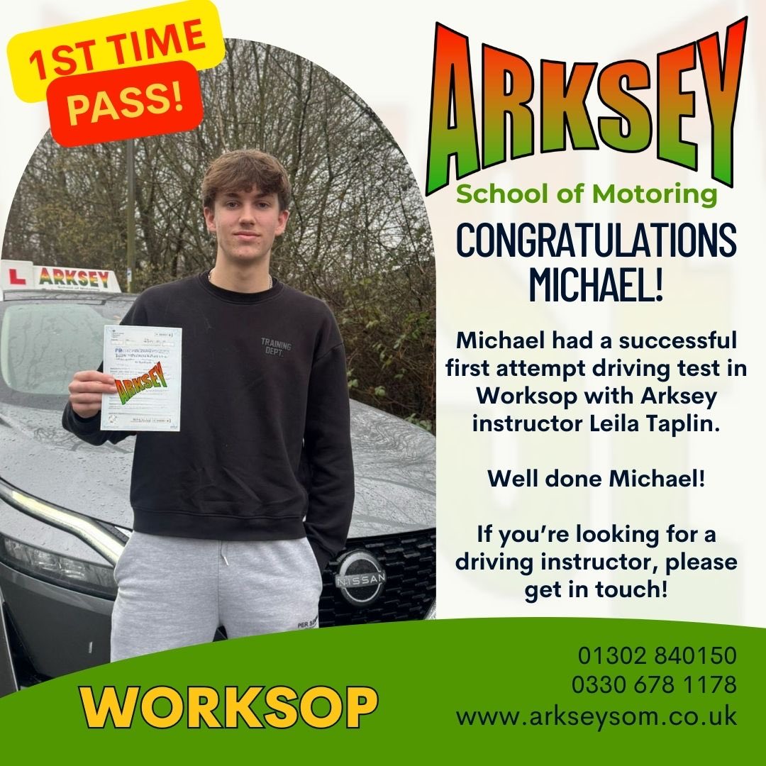 Congratulations Michael!

Michael passed his driving test first time in Worksop with our instructor Leila Taplin — amazing achievement!

If you’re ready to learn to drive, automatic or manual, we offer lessons in Doncaster, Scunthorpe, Barnsley, Rotherham, and surrounding areas.