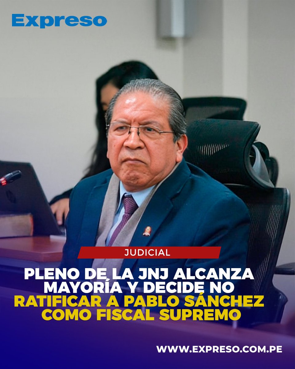 🔵⚪ La Junta Nacional de Justicia (JNJ) resolvió no ratificar a Pablo Sánchez como fiscal supremo, luego de que el pleno alcanzara la mayoría requerida en la votación del informe que evaluó su continuidad.

📸Foto: Difusión.

📲 Lee la nota completa aquí: shorturl.at/AH4Wy