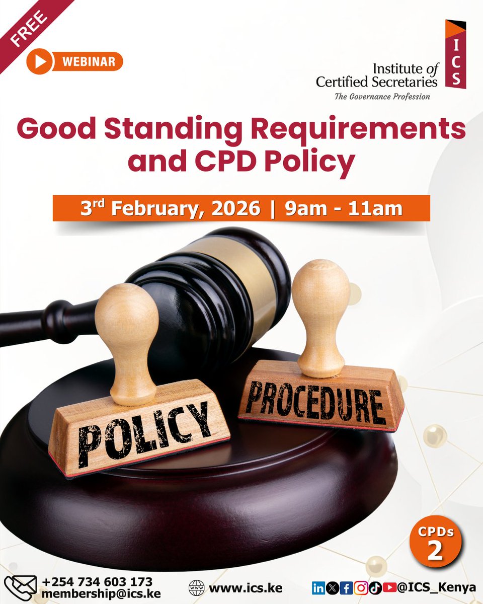 ICS_Kenya's tweet image. Stay compliant. Stay informed.

Join this FREE webinar as we unpack Good Standing Requirements and the CPD Policy and what they mean for you as a member.

Register now: events.ics.ke/events/NDk2

#ICS_Kenya #GovernanceProfession #GoodStanding