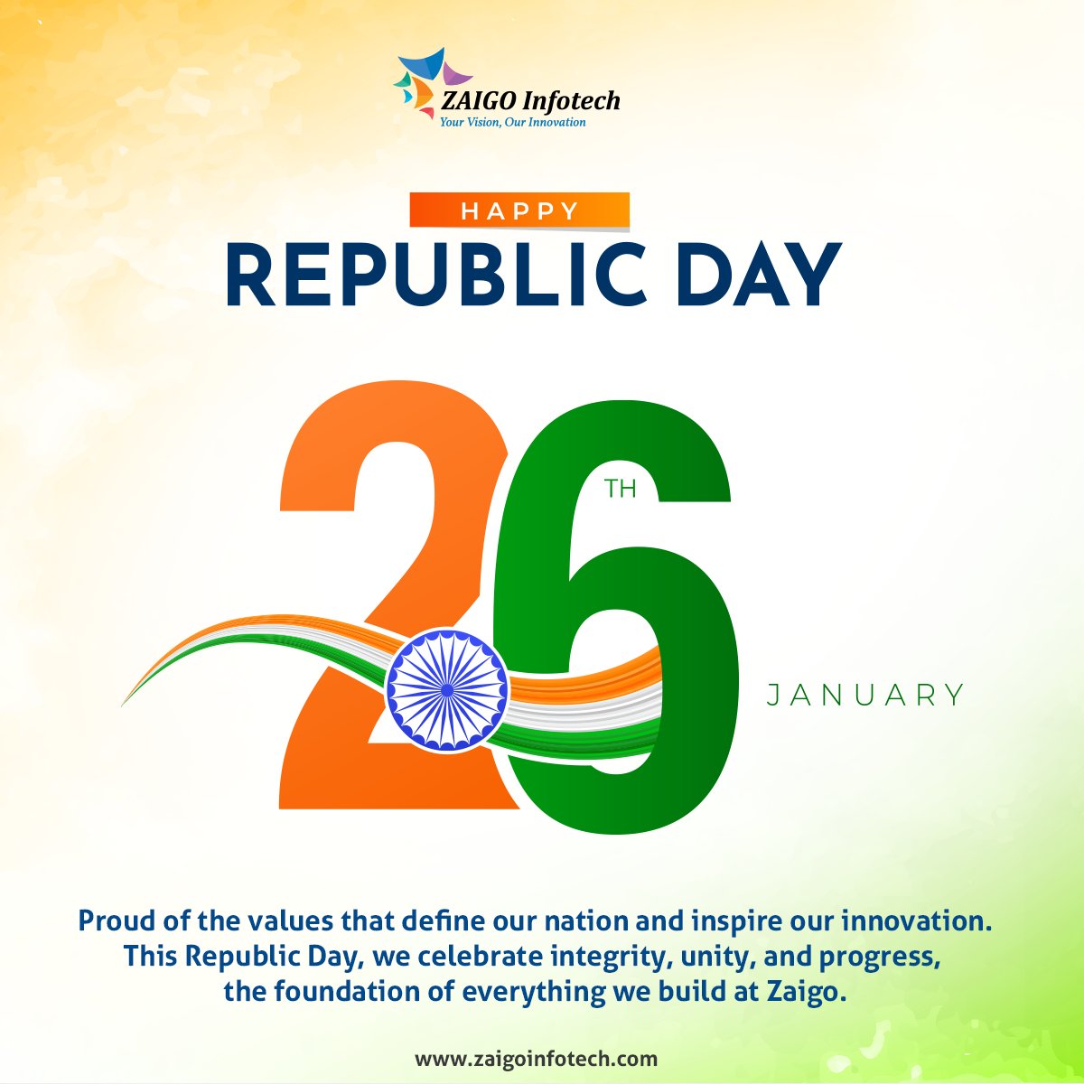 Freedom to innovate.
Power to build.
Pride in being Indian 🇮🇳

At Zaigo, we celebrate the spirit of the Republic by creating technology that empowers businesses and drives progress forward.

Happy Republic Day!

Let’s grow, innovate, and build a stronger tomorrow together.