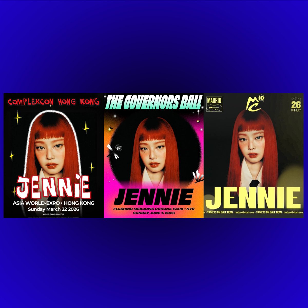 TheePopCore's tweet photo. JENNIE is set to headline three major Music Festivals this year.

- ComplexCon Hong Kong 2026
- Governors Ball Music Festival 2026 
- Mad Cool Festival 2026 https://t.co/j2IImSelQR