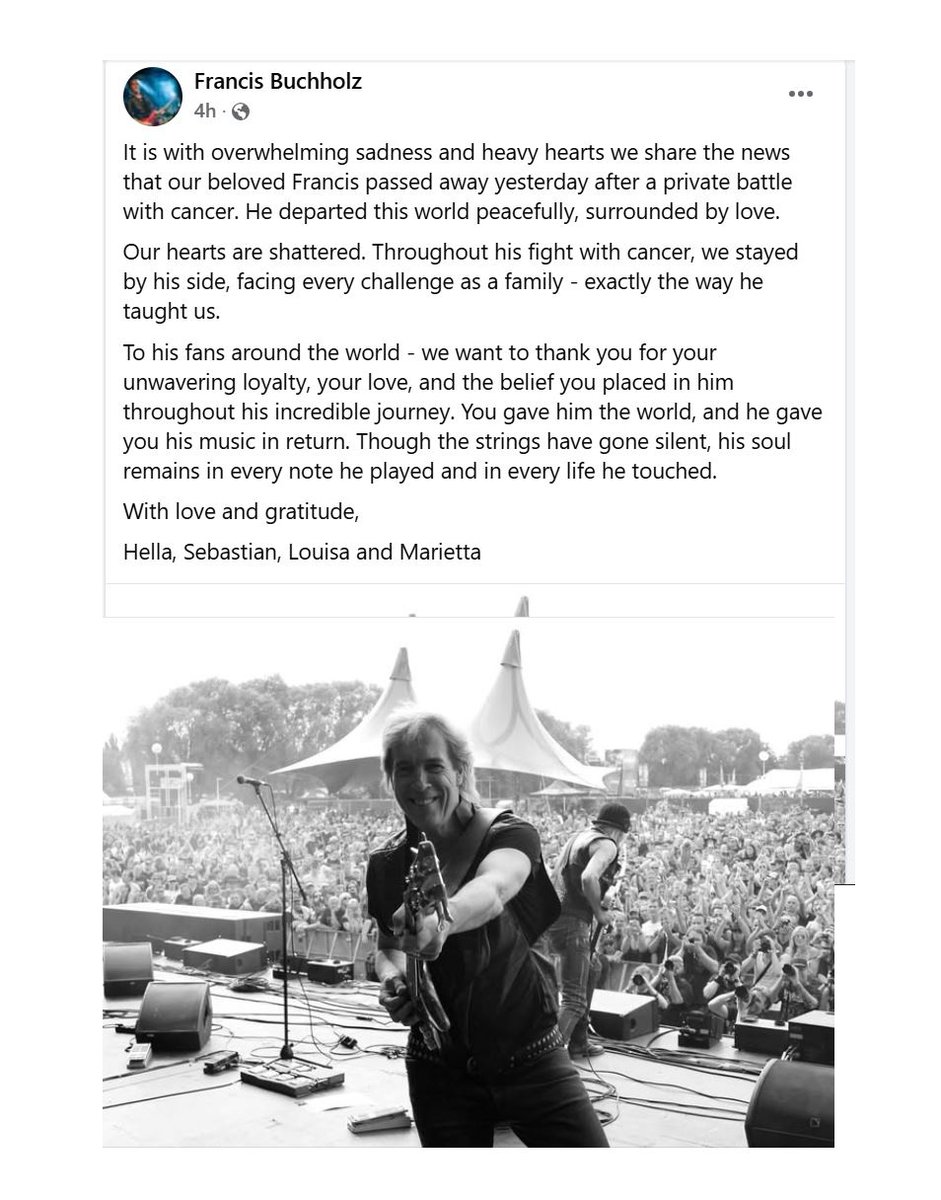 FORMER SCORPIONS Bassist FRANCIS BUCHHOLZ Dead At 75

It is with overwhelming sadness and heavy hearts we share the news that our beloved Francis passed away yesterday after a private battle with cancer. He departed this world peacefully, surrounded by love.

Our hearts are
