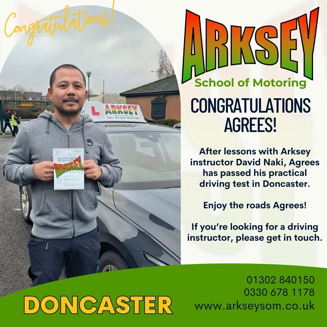 🎉 Congratulations, Agrees! 🎉

After lessons with Arksey Instructor David Naki, Agrees has passed their practical driving test in Doncaster — amazing achievement! 🚗💨

Enjoy the roads, Agrees!

Looking for a driving instructor? Get in touch today!

#arkseyschoolofmotoring