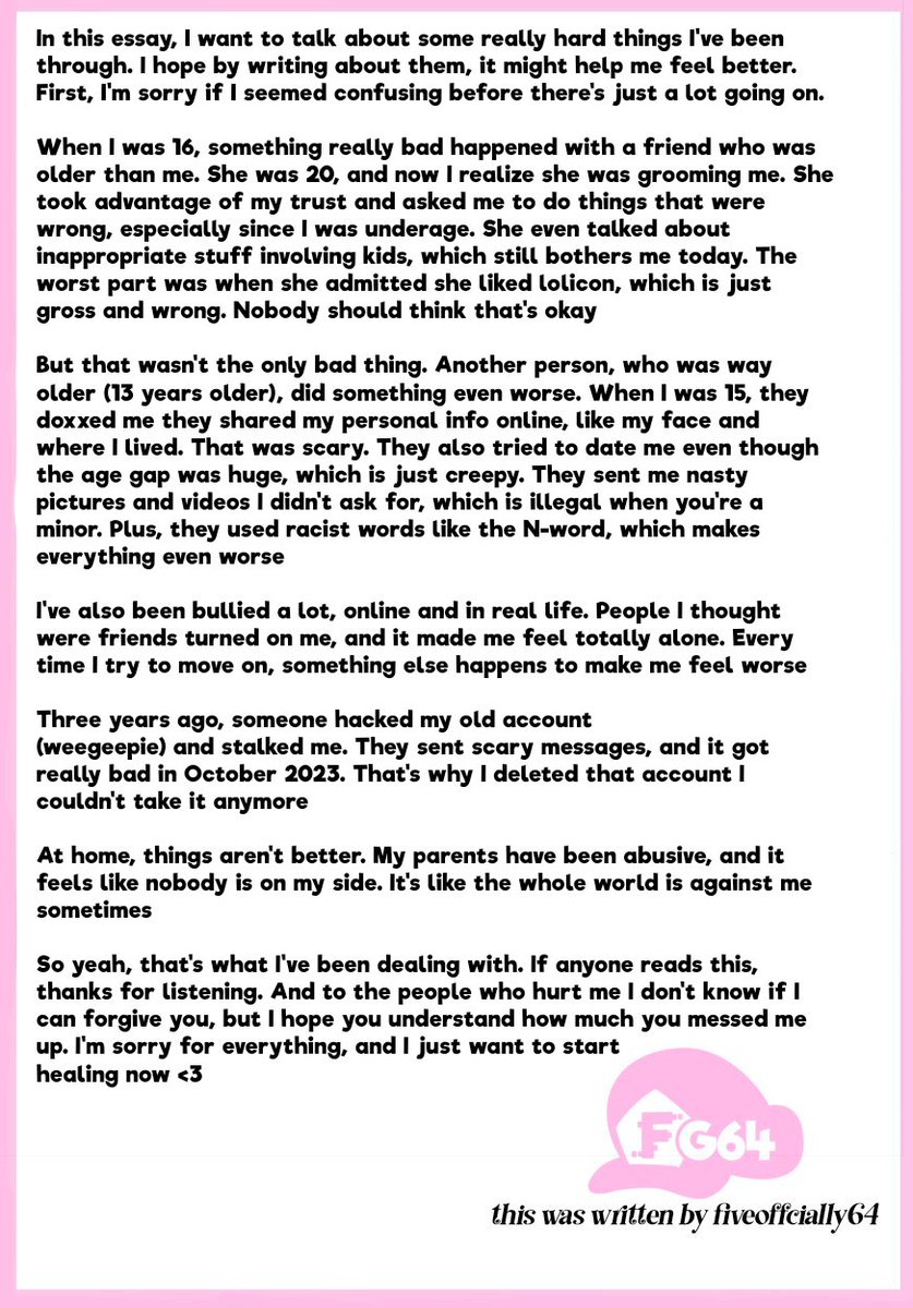 fiveoffcially64's tweet image. When I was 14, social media really messed me up. Back then I didn’t get how bad it was, but looking back, I can see it wasn’t good for me at all. In this essay, I wanna talk about what happened to me so other people don’t make the same mistakes I did..... !