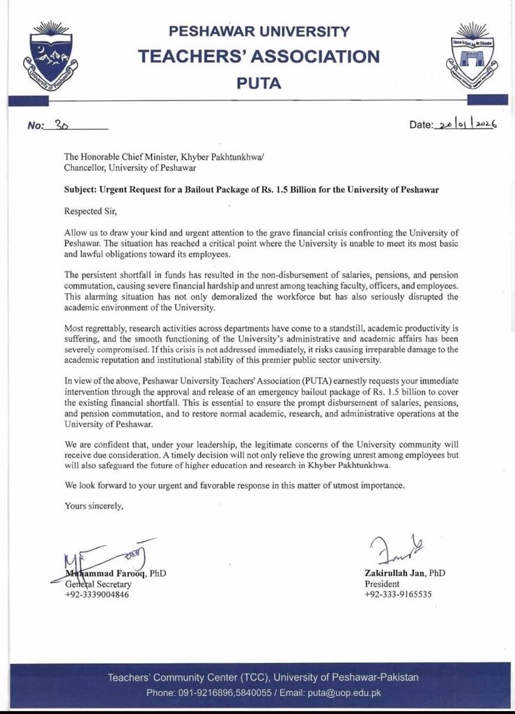 KP's premier institution #UniversityofPeshawar on the brink of collapse due to the financial crisis. <a href="/PUTA_Official/">PUTA University of Peshawar</a> urges <a href="/GovernmentKP/">Government of KP</a> to release funds and end the suffering of employees. Immediate action is necessary to revive research and academic activities.
<a href="/SohailAfridiISF/">Sohail Afridi</a>