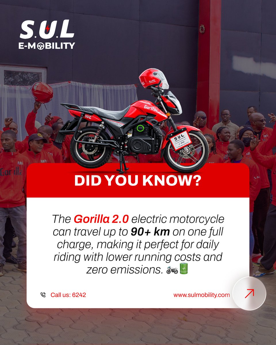 90+ km. One charge. Zero fuel.

The future of daily riding is electric.

#sulmobility #sulemobility #sulrw #EVs
#electriccars #electricmotorcycles
#greenmobility #emobility #mobility
#electricmobility #africatech
#CleanEnergy #ecofriendly #transport
#transportation #greenjobs