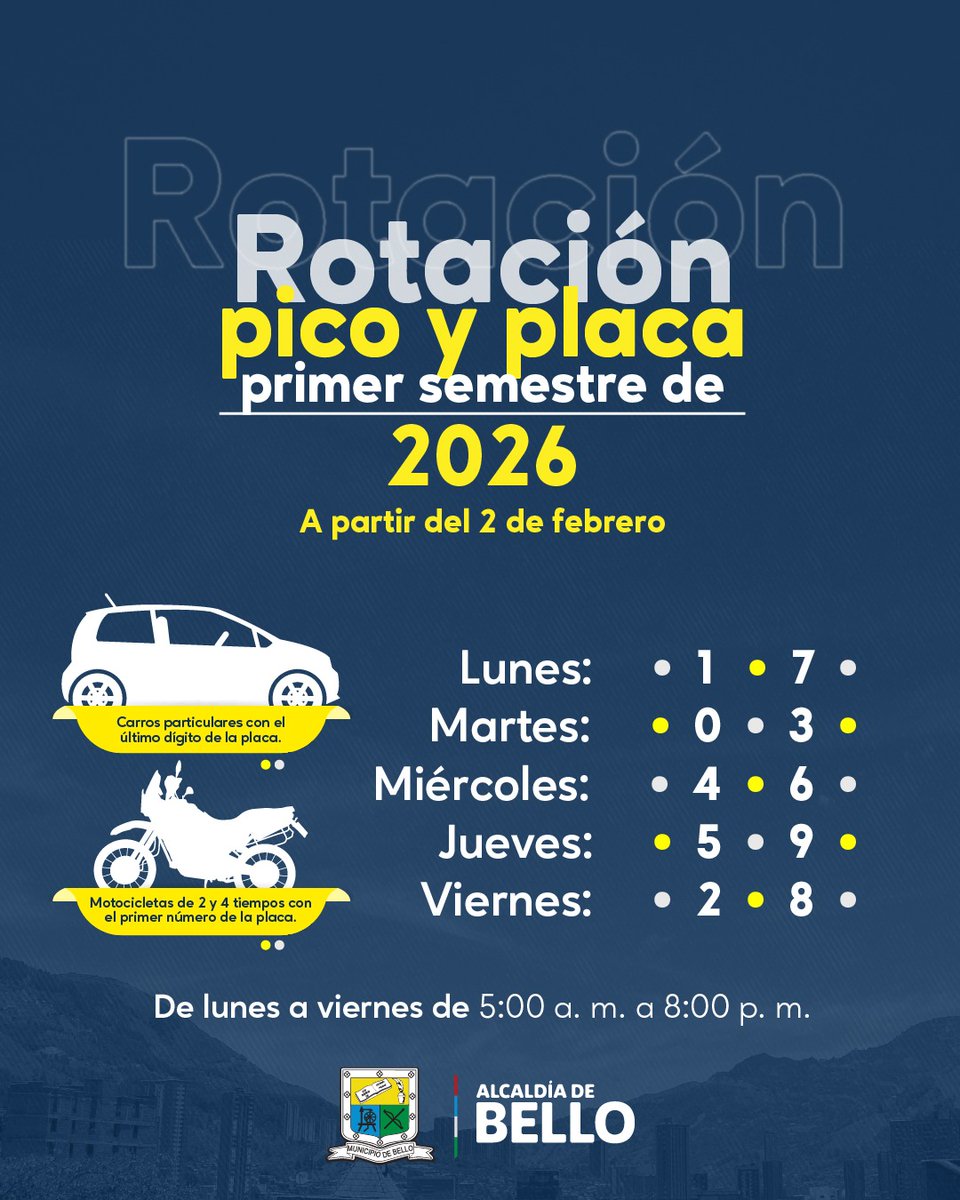 AlcaldiadeBello's tweet photo. 🚨 ¡Atención conductores! Así queda el #PicoYPlaca para el primer semestre de 2026 

A partir del lunes 2 de febrero. Aplica en todas las vías bellanitas, excepto en la Autopista Medellín – Bogotá, en la vía Pajarito – San Pedro de los Milagros y en las vías rurales de San Félix. https://t.co/JrrJE1R95u