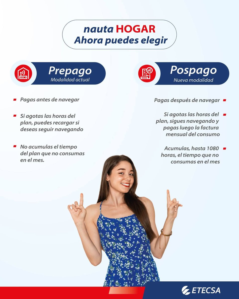 👉Ahora puedes optar por la modalidad pospago para #nautaHogar.  
Tienes la libertad de elegir cómo pagar tu servicio.  
📌 A continuación, te explicamos cómo funciona cada opción para que elijas la que más te convenga.
#EtecsaConCuba