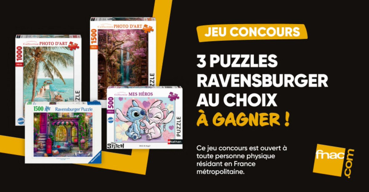 #JeuConcours 🚨Prêt·e.s à vous creuser les méninges ?   Tentez de gagner 1 puzzle Ravensburger au choix parmi ceux de la photo ! 🧩

🎁Pour participer :
🔂RT + ❤️ + Follow <a href="/Fnac/">Fnac</a>
📅TAS le 06/02 - 3 gagnant.e.s

Bonne chance !🍀
