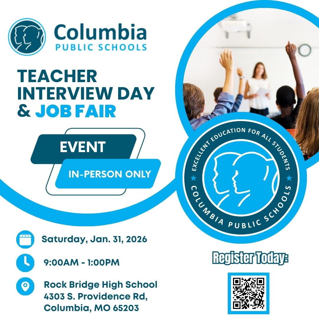 The Columbia Public Schools Teacher Interview Day &amp; Job Fair is about a week away! If you are interested in Teaching for Columbia Public Schools for the 2026-27 school year, you do not want to miss this event! Register today: forms.gle/xpUDH1TCRr1mRi…
