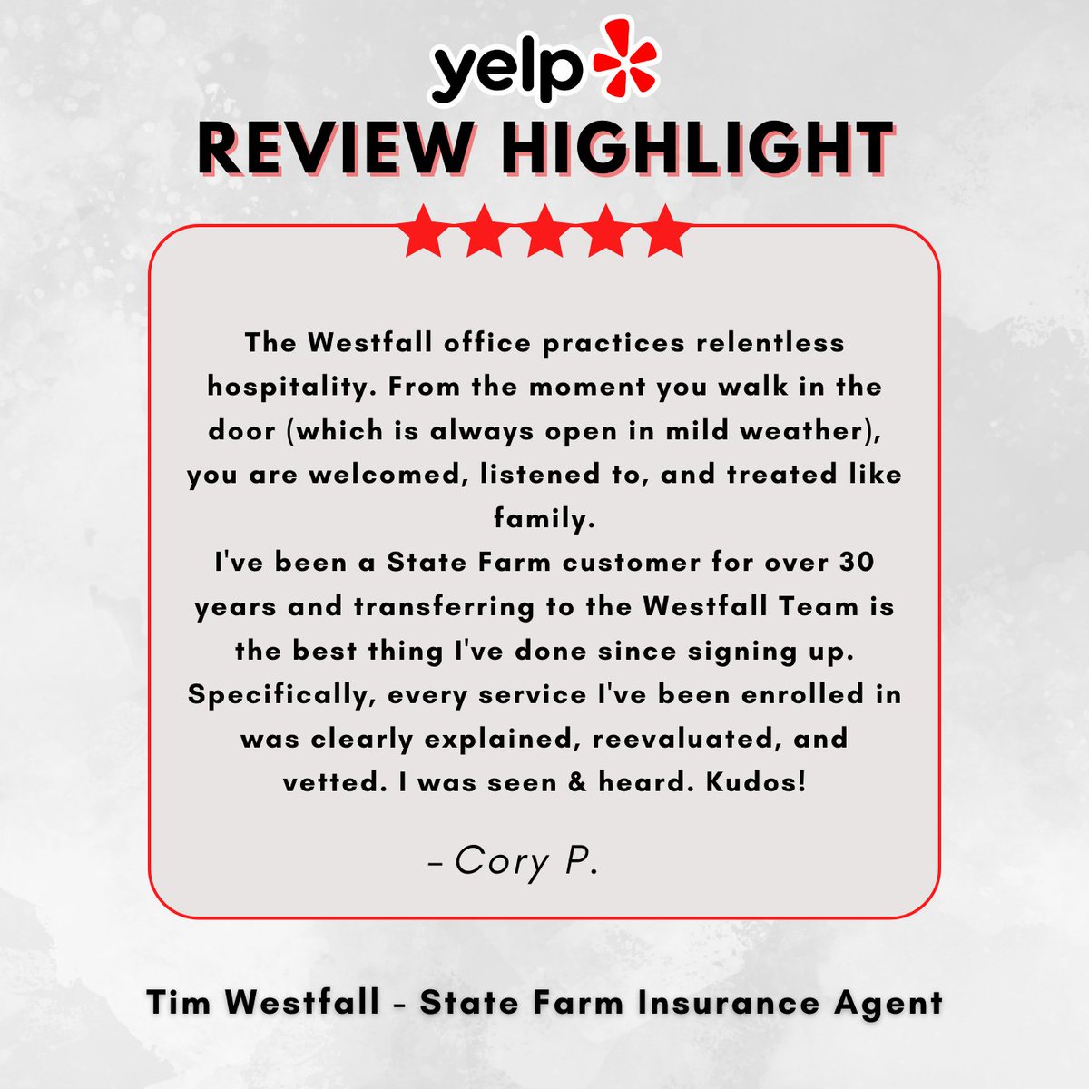 SFAgentTim's tweet image. We are thankful for customers like Cory, who are willing to share their excellent experience with us. It helps other customers to find our awesome office!  What do you like about our office?  #TalktoTim #StateFarm #CustomerService #5starreview