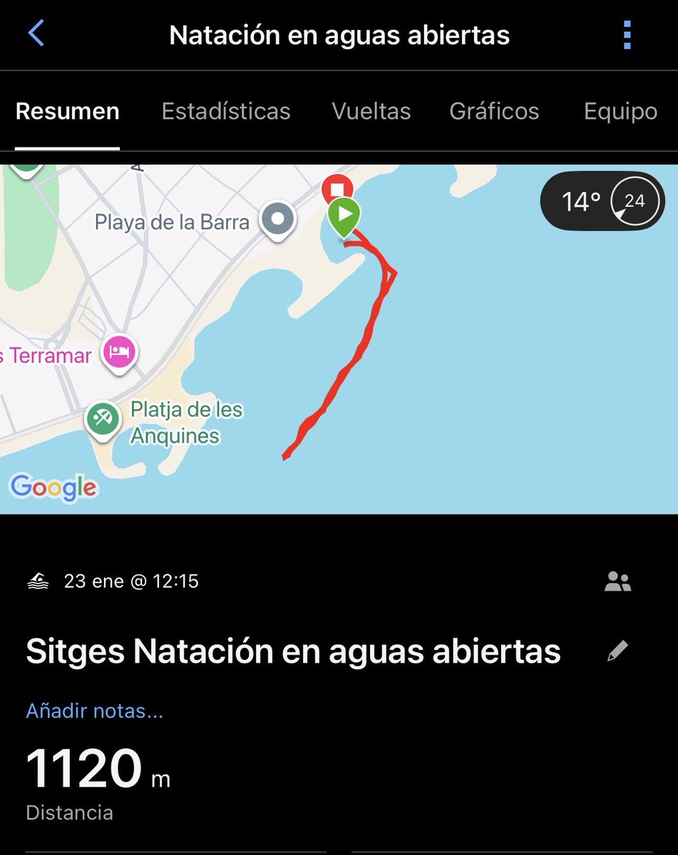 SSwimmers57243's tweet photo. Avui 1.120m direcció a Terramar i tornada amb mar de fons de sud 
La temperatura  de la mar 
Min:  12,7°
Max: 13,1°
#sitges #sitgesseaswimmers #aiguesobertes #seaswimmers @Garmin https://t.co/xwc00RkDQf