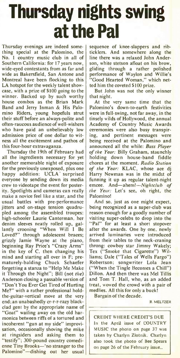 Via Jay Babcock o’er on BluSkee!

A certain R. Meltzer in the pages of Country Music magazine, June 1976

Thursday nights swing at the Pal !
