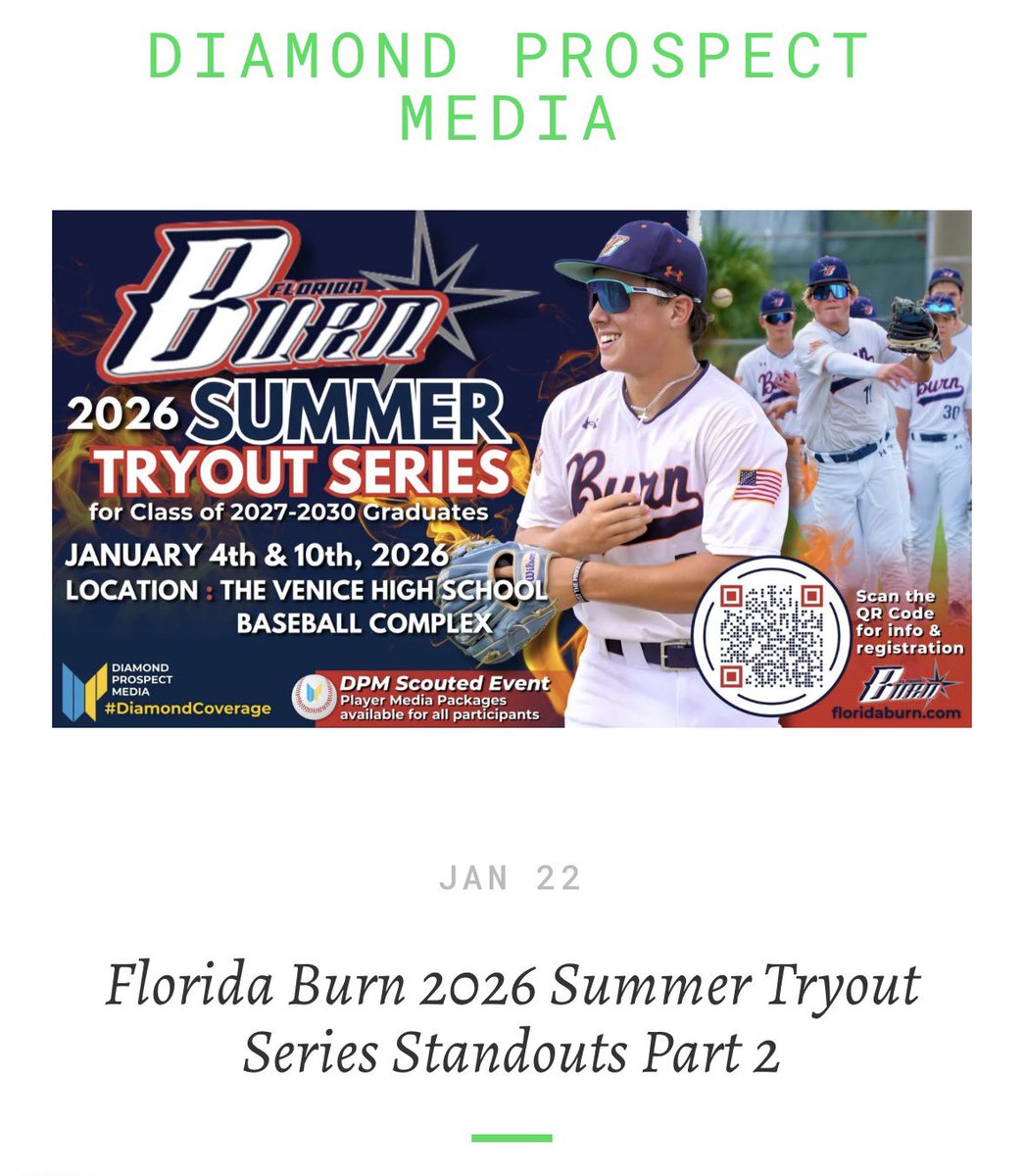 On January 4th and 10th our scouting staff attended the <a href="/FloridaBurn/">Florida Burn</a> 2026 Summer Tryout Series which featured pro-style workouts and bullpens. Players that stood out from the 2027-2030 classes (Part 2 of 3) are highlighted by player reports and notes here: diamondprospectmedia.com/newsreports/fl…