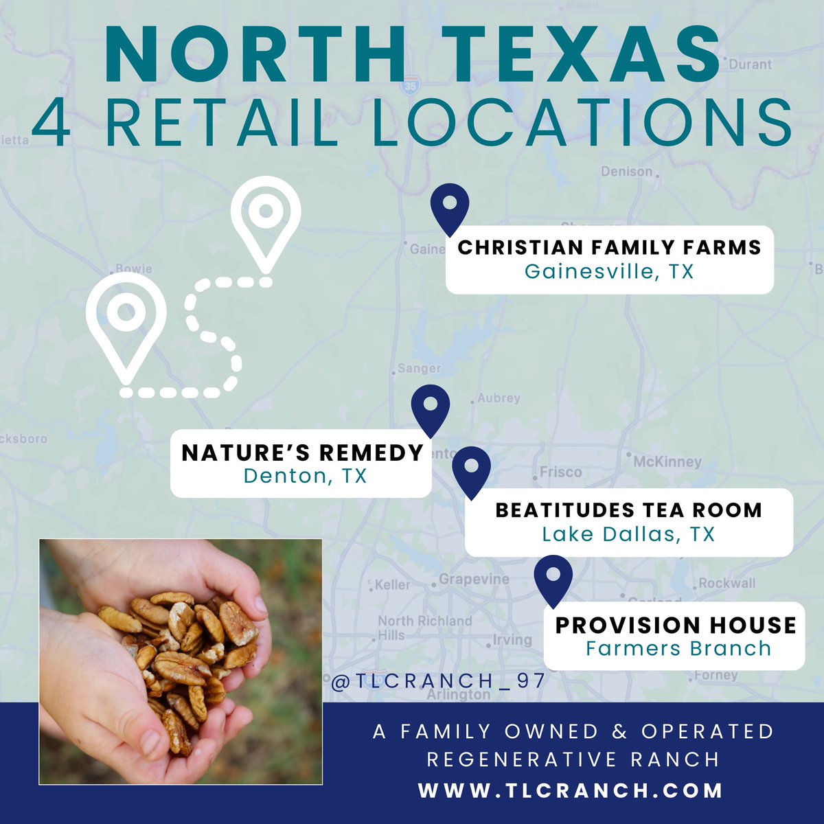 North Texas friends ❄️
With grocery shelves thinning, here are a few local spots where you can still find TLC Ranch organic pecans—a great shelf-stable staple.

<a href="/provisionhouse/">The Provision House</a>  &amp; Christian Family Farms are specific food retail with other great items. 

Be prepared, not scared