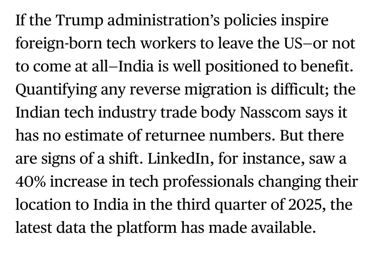 SanDiegoKnight's tweet image. Bloomberg’s takeaway, stripped of the spin:

• LinkedIn data shows a 40% increase in tech professionals changing their location to India in Q3 2025

• Tighter H-1B rules and higher fees have reduced the flow of foreign tech workers into the US

• Some foreign-born engineers…