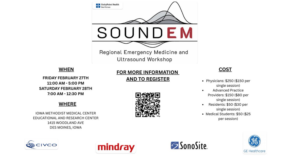 IMMCEMResident's tweet photo. 🚨 Registration OPEN! 🚨
SOUND EM Conference 2026
📅 Feb 27–28 | Des Moines

Hands-on POCUS, advanced airway sessions, trauma &amp; critical care updates, expert Midwest faculty + 4.0 AMA PRA Cat 1 Credits™/session.

#SOUNDEM #POCUS #EmergencyMedicine #MedEd #CME https://t.co/DtSE5w0Wlx