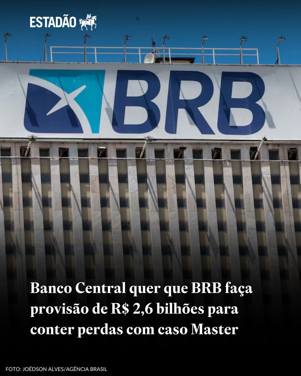 Banco Central quer que BRB faça provisão de R$ 2,6 bilhões para conter perdas com caso Master > bit.ly/3ZtZoa0

Banco de Brasília afirma que contratou auditoria independente para apuração e já tem plano de aporte de capital, caso seja necessário