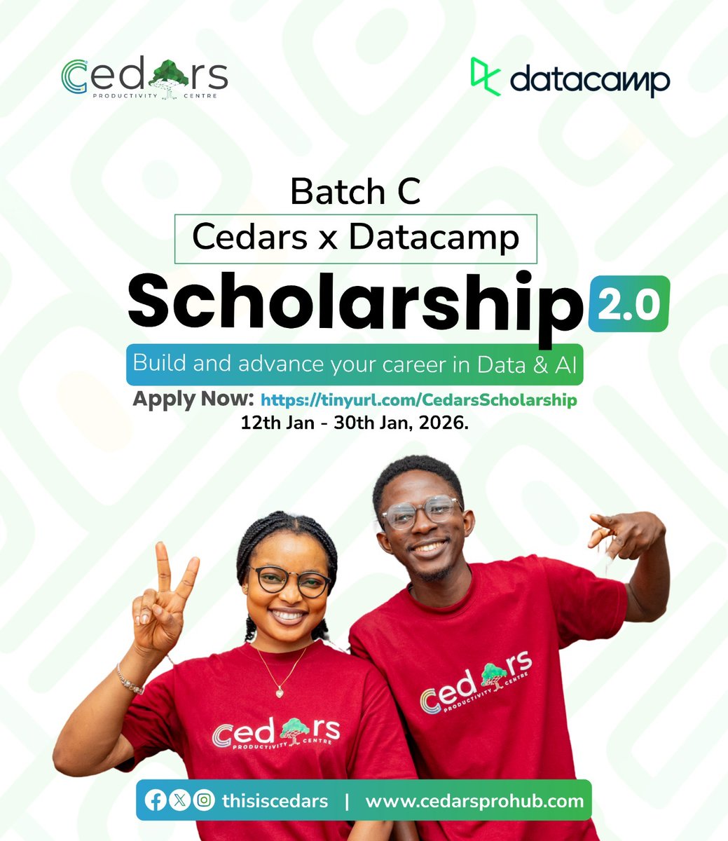 𝗖𝗲𝗱𝗮𝗿𝘀 × 𝗗𝗮𝘁𝗮𝗖𝗮𝗺𝗽 Scholarship gives 100% FREE access to in-demand skills in Data, AI &amp; ML.
Take the first step today.

Register now:
 tinyurl.com/CedarsScholars…