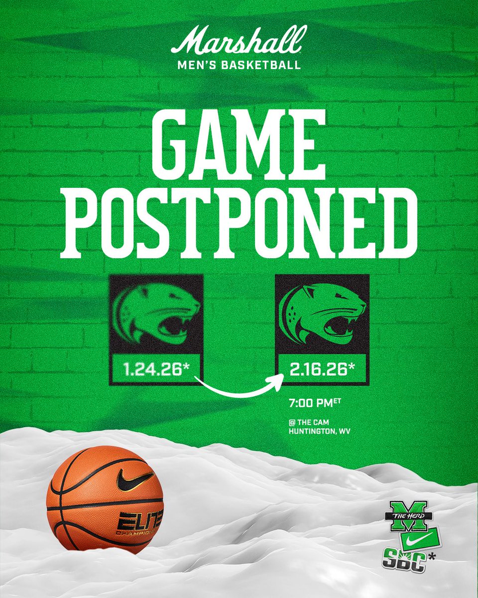 Saturday’s contest against South Alabama has been postponed.

The game will now be played on February 16th at 7pm at the Cam Henderson Center.

#WeAreMarshall