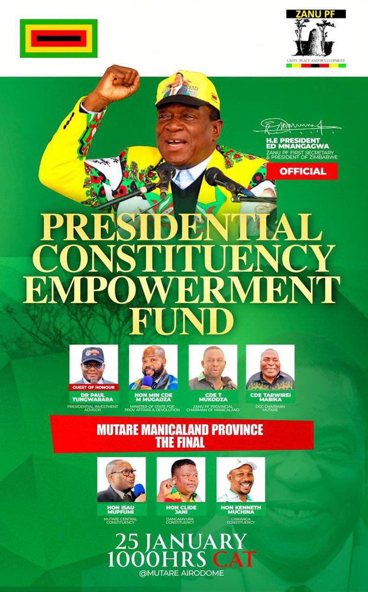 TendayiZinyama's tweet photo. Just as a reminder

The Presidential Constituency Empowerment Fund will be in Mutare this Sunday . https://t.co/a9cicCVKUK