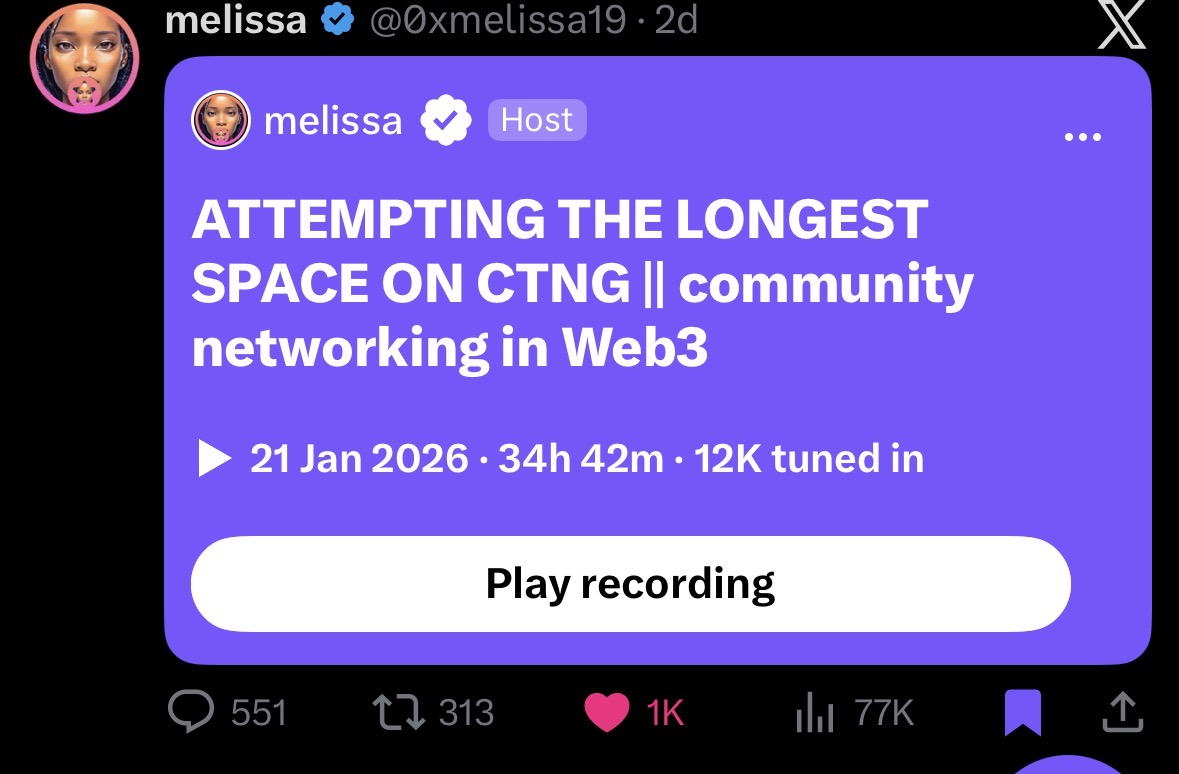 0xmelissa19's tweet image. Proud moment 🎙️🤍

𝑾𝒊𝒏𝒏𝒆𝒓 𝒐𝒇 𝑩𝒆𝒔𝒕 𝑭𝒆𝒎𝒂𝒍𝒆 𝑺𝒑𝒂𝒄𝒆 𝑯𝒐𝒔𝒕 𝒐𝒇 𝒕𝒉𝒆 𝒀𝒆𝒂𝒓.
Hosted two Spaces with 𝟏𝟗𝐊+ and 𝟏𝟐𝐊+ listeners in under four days.

Currently the 𝒐𝒏𝒍𝒚 𝑵𝒊𝒈𝒆𝒓𝒊𝒂𝒏 𝒓𝒆𝒄𝒐𝒓𝒅 𝒉𝒐𝒍𝒅𝒆𝒓 for the 𝒍𝒐𝒏𝒈𝒆𝒔𝒕 𝑺𝒑𝒂𝒄𝒆 𝒐𝒏…