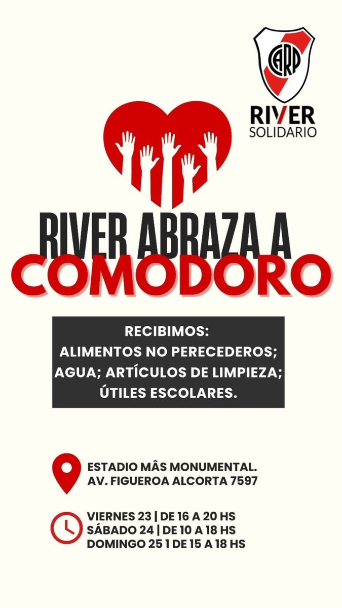 Hola Millos!
Junto a la comisión de River Solidario vamos a estar juntando donaciones para nuestros hermanos de Comodoro Rivadavia así que los esperamos a todos los que puedan acercarse al club!
Gracias por compartir 🤍❤️🤍
#riverplate