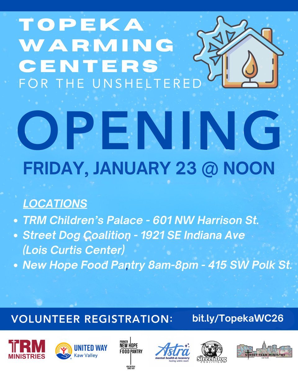 Our partners at the Topeka Rescue Mission Ministries and United Way of Kaw Valley have shared the warming centers that will be open this weekend with the anticipation of cold weather. Please help spread the word.

Information on the city's snow plans can be found here: