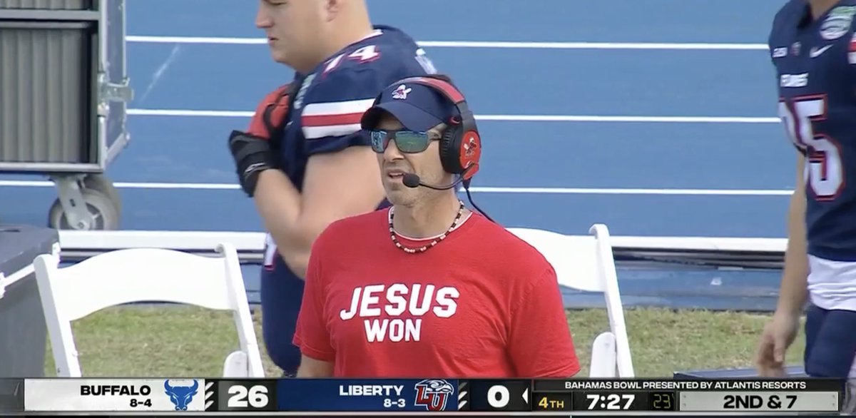 LUHypeman's tweet image. Win or lose on the field, the mission is always the true victory. I remember Chadwell getting made fun of for wearing this shirt in a blowout. They missed the entire message. It wasn’t that Liberty would win because we have Jesus. Liberty gives glory to God even in defeat.